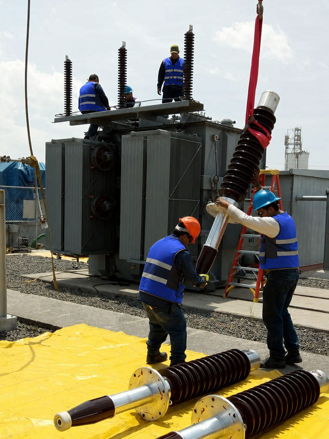 Técnicos AZVIR Ingeniería sustituyendo aisladores de alta tensión en transformador de potencia durante mantenimiento correctivo