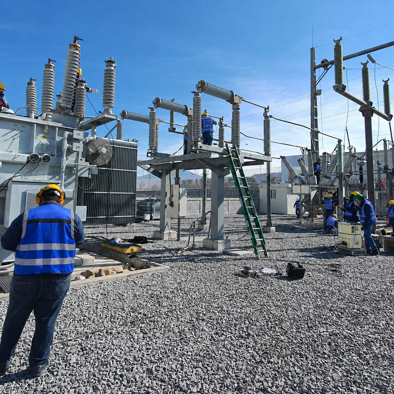 Equipo AZVIR Ingeniería ejecutando mantenimiento preventivo programado en subestación eléctrica de media tensión al aire libre en Tijuana